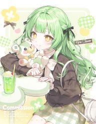 1girl black_ribbon black_shirt blunt_bangs blush chair character_request closed_mouth commentary commission copyright_request cowboy_shot cross-shaped_pupils cup domyo drink drinking_glass drinking_straw green_hair green_skirt hair_ribbon highres long_hair long_sleeves looking_at_viewer plaid_clothes plaid_skirt ribbon shirt sitting skirt smile solo stuffed_animal stuffed_toy symbol-shaped_pupils teddy_bear virtual_youtuber yellow_eyes