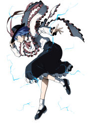 1girl ascot black_hat black_shoes black_skirt blue_hair bow frilled_ribbon frilled_skirt frills full_body hagoromo hat hat_bow highres inuno_rakugaki lightning long_skirt long_sleeves nagae_iku puffy_long_sleeves puffy_sleeves red_ascot red_bow red_eyes ribbon serious shawl shirt shoes short_hair skirt socks solo touhou white_background white_shirt white_socks