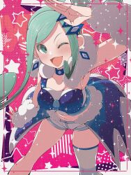 1girl blue_eyes blue_hair blue_shirt blue_skirt blush border fujiwara_hiro_(kaede_ciao) highres lisia_(pokemon) long_hair nintendo one_eye_closed open_mouth pink_background pokemon pokemon_oras shirt skirt solo white_border