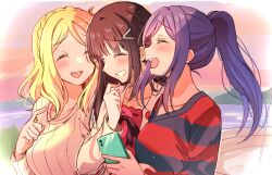 3girls :d ^_^ absurdres black_hair blonde_hair breasts cellphone closed_eyes collarbone commentary_request dress e_atkenedm highres holding holding_phone jacket kurosawa_dia large_breasts light_particles love_live! love_live!_sunshine!! matsuura_kanan multiple_girls ohara_mari open_clothes open_jacket open_mouth outdoors phone profile purple_hair red_dress red_shirt shirt smartphone smile t-shirt teeth upper_body upper_teeth_only v-neck white_jacket