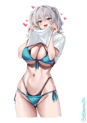 1girl artist_name bikini black_bikini blue_bikini blue_eyes blush breasts cleavage clothes_lift collarbone commentary_request cropped_legs ebifurya front-tie_bikini_top front-tie_top grey_hair groin hair_between_eyes hair_intakes hands_up heart highleg highleg_bikini highres kantai_collection kashima_(kancolle) large_breasts layered_bikini lifting_own_clothes long_hair looking_at_viewer navel one-hour_drawing_challenge open_mouth shirt shirt_lift short_sleeves side-tie_bikini_bottom sidelocks simple_background skindentation smile solo stomach swimsuit thighs twitter_username two_side_up underboob white_background white_shirt