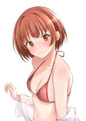 1girl absurdres b1ack_illust bikini blush breasts cleavage collarbone highres idolmaster idolmaster_million_live! idolmaster_million_live!_theater_days looking_at_viewer navel nonohara_akane official_alternate_hairstyle red_bikini red_eyes shawl shirt short_hair shy sideboob simple_background solo swimsuit underboob wavy_mouth white_background white_shirt wince
