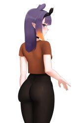 Rule 34 | 1girl, absurdres, ass, black choker, black hairband, black leggings, blackwellkarsferatu, blue eyes, brown shirt, choker, gradient hair, hairband, high-waist pants, highres, hololive, hololive english, leggings, mole, mole under eye, multicolored hair, ninomae ina&#039;nis, orange hair, pants, pointy ears, purple hair, shirt, simple background, solo, tentacle hair, virtual youtuber, white background