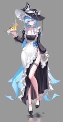 1girl absurdres alternate_costume apron bare_legs black_dress black_flower black_hat black_shoes blake_bloom_(wuthering_waves) blue_hair blush breasts collar collarbone colored_eyelashes cup dress drinking_glass drinking_straw enmaided flower food frilled_collar frills full_body hair_between_eyes hat hat_flower high_heels highres holding holding_plate incredibly_absurdres juice legs lilac_(k32420276) long_dress long_hair looking_at_viewer maid medium_breasts missing_commentary multicolored_hair orange_juice parted_lips plate pudding purple_eyes shoes shorekeeper_(wuthering_waves) side_slit simple_background sketch skindentation smile solo streaked_hair thigh_strap thighhighs waist_apron white_background white_collar wuthering_waves