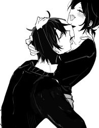 1boy 1girl ^_^ andrew_graves ashley_graves blush breasts carrying cleavage closed_eyes collarbone expressionless from_side hand_on_another&#039;s_head head_hug highres hug licking long_sleeves looking_at_another melongbeee monochrome open_mouth ponytail short_hair short_ponytail sketch smile sweater the_coffin_of_andy_and_leyley thigh_straddling tongue tongue_out