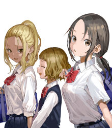 3girls :d ^_^ absurdres bag blonde_hair blue_bag blue_skirt bow bowtie breast_pocket brown_eyes brown_hair closed_eyes collared_shirt commentary_request forehead highres himemiya_yuki ichinose_karina long_sleeves looking_at_another looking_at_viewer manemane_nichinichi multiple_girls nagisa_akane necktie official_art open_mouth pleated_skirt pocket profile red_bow red_bowtie red_necktie school_bag school_uniform shirt short_hair short_sleeves short_twintails sidelocks simple_background skirt smile twintails white_background white_shirt yamamoto_souichirou