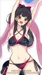 1girl :d alternate_hairstyle armpits arms_up assault_lily ball bare_arms bare_shoulders beachball bikini black_bikini black_hair blunt_bangs blush bow breasts cleavage collarbone commentary_request cowboy_shot criss-cross_halter drop_shadow floral_print hair_bow hair_intakes halterneck highres holding holding_ball holding_beachball kurokawa_nadi_hanna large_breasts long_hair looking_at_viewer multi-strapped_bikini_bottom multicolored_bikini navel open_mouth orange_eyes outstretched_arms ponytail print_bikini print_shawl red_bikini red_bow red_shawl shawl side-tie_bikini_bottom simple_background smile solo standing stomach swimsuit teeth twitter_username two-tone_bikini ueharu upper_teeth_only watermark white_background