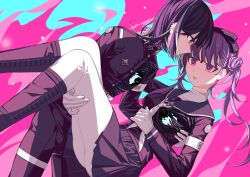 1boy 1girl absurdres armband ass black_boots black_bow black_hairband black_jacket black_pants black_skirt blush boots bow brother_and_sister carrying ear_piercing eyeliner facial_mark feilong_(pixiv_22027144) forehead_mark gloves hair_bow hair_bun hairband highres hole_in_chest hole_on_body jacket last_defense_academy_school_uniform long_hair looking_at_another makeup neckerchief pants parted_lips piercing pink_eyes pink_hair princess_carry purple_hair red_eyeliner school_uniform short_hair siblings skirt smile the_hundred_line_-last_defense_academy- thigh_strap tsukumo_ima tsukumo_kako twins twintails white_armband white_gloves white_neckerchief