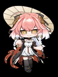 Rule 34 | 1girl, ahoge, black background, breasts, changli (wuthering waves), chibi, chinese clothes, closed mouth, dress, full body, hair ornament, highres, holding, holding umbrella, lightcb, long hair, looking at viewer, multicolored hair, oil-paper umbrella, pink hair, simple background, smile, solo, thighhighs, umbrella, white dress, white hair, wuthering waves, yellow eyes