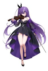 1girl absurdres aisha_landar alternate_costume ankle_strap arm_at_side bare_shoulders bat_hair_ornament black_dress black_shoes bow_(music) breasts cleavage detached_sleeves dress elsword full_body hair_between_eyes hair_ornament halter_dress halterneck hand_up high-low_dress highres holding holding_bow_(music) holding_instrument holding_violin instrument long_hair long_sleeves looking_at_viewer medium_breasts nodap_namaco one_side_up oz_sorcerer_(elsword) puffy_long_sleeves puffy_sleeves purple_dress purple_eyes purple_hair see-through_clothes see-through_sleeves shoes simple_background smile solo standing two-sided_dress two-sided_fabric very_long_hair violin white_background