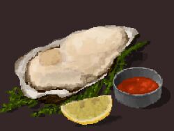 bowl food fruit garnish highres hisachan55cute lemon lemon_slice no_humans original oyster pixel_art sauce scenery seafood shell_casing simple_background