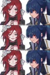 1boy 1girl black_collar black_dress black_shirt blue_hair blunt_bangs bow breasts chinese_commentary cleavage closed_mouth collar collarbone collared_jacket collared_shirt commentary_request commission detached_collar diurtion dress evil_smile flower frilled_collar frills frown grey_bow grey_eyes grey_flower hair_between_eyes hair_bow hair_flower hair_ornament high_collar highres jacket light_blush long_hair long_sidelocks looking_at_viewer looking_down mole mole_under_eye multiple_expressions open_mouth original pale_skin pointy_nose ponytail red_eyes red_hair shirt sidelocks simple_background smile stitched_chest straight_hair swept_bangs tsurime upper_body variations watermark white_background white_jacket