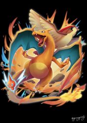 Rule 34 | absurdres, black background, blue eyes, charizard, commentary request, electricity, fangs, fire, flame-tipped tail, gen 1 pokemon, gen 4 pokemon, goom (goomyparty), grin, highres, lightning bolt symbol, nintendo, no humans, open mouth, pidgeot, pokemon, pokemon (creature), rotom, rotom (normal), smile, tail, twitter username