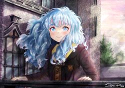 1girl blue_eyes blue_hair fingernails highres hogwarts_legacy hololive hololive_indonesia kobo_kanaeru light_blush long_hair multicolored_eyes multicolored_hair smile solo solo_focus twitter_username virtual_youtuber white_hair wizarding_world zoru_pines