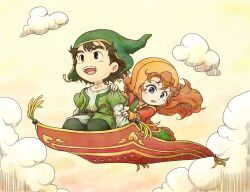 1boy 1girl 4ma4ma5ma black_eyes black_hair blue_eyes bonnet cloud commentary_request curly_hair dragon_quest dragon_quest_vii dress floating_clothes floating_hair green_hat hat hatching_(texture) hero_(dq7) long_hair looking_down magic_carpet maribel_(dq7) open_mouth orange_hair yellow_bonnet