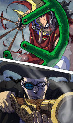2boys battle blood broken_mask epic fighting glasses goggles gun hat lowres male_focus manly marksman mask multiple_boys nika_(nikasa_an) one_piece pirate slingshot_(weapon) sogeking usopp van_augur van_augur weapon