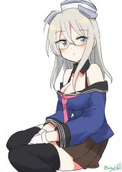 1girl absurdres ahoge black_sailor_collar black_skirt black_thighhighs blue_shirt breasts cleavage dixie_cup_hat feet_out_of_frame gloves grey_eyes grey_hair hat headgear heywood_l._edwards_(kancolle) heywood_l._edwards_kai_(kancolle) highres kantai_collection long_hair medium_breasts military_hat neckerchief one-hour_drawing_challenge pink_neckerchief pleated_skirt robinson_(day_l_full) sailor_collar shirt simple_background sitting skirt solo thighhighs white_background white_gloves
