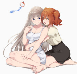 Rule 34 | 1girl, 2girls, bare legs, barefoot, blue eyes, blunt bangs, breasts, brown hair, cleavage, collarbone, commentary, commentary request, dress, feet, floating hair, frilled dress, frilled sh, frills, hair between eyes, highres, holding hands, hug, hug from behind, jojobirdz, kanne (sousou no frieren), lawine (sousou no frieren), long hair, medium breasts, medium hair, multiple girls, open mouth, orange eyes, orange hair, sidelocks, simple background, sitting, skirt, smile, sousou no frieren, two side up, wariza, white background, white dress, white hair, yuri