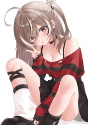 1girl :o ahoge astrachan949 belt black_choker black_leg_warmers black_sweater breasts brown_eyes brown_hair choker cleavage emo_fashion feather_hair_ornament feathers hair_ornament head_tilt highres hololive hololive_english leg_warmers long_hair looking_at_viewer multicolored_hair nanashi_mumei nanashi_mumei_(emo) one_side_up open_mouth platform_shoes red_sweater sitting spaghetti_strap streaked_hair striped_clothes striped_sweater sweater sweater_tucked_in torn_clothes torn_sweater two-tone_sweater v very_long_hair virtual_youtuber white_leg_warmers