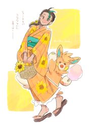 Rule 34 | 1girl, basket, black hair, blush, closed mouth, cotton candy, dark-skinned female, dark skin, floral print, floral print kimono, flower, food, freckles, green hair, hair flower, hair ornament, holding, holding cotton candy, holding food, japanese clothes, kimono, long hair, multicolored hair, mutsu (hachimame), nemona (pokemon), nintendo, orange kimono, pawmot, pokemon, pokemon sv, print kimono, sandals, sash, smile, streaked hair, sunflower, two-tone hair