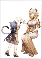 2girls absurdres aglaea_(honkai:_star_rail) ancient_greek_clothes animal_ears applying_manicure blonde_hair breast_tattoo breasts brown_dress cat_ears cat_girl cat_tail cipher_(honkai:_star_rail) cleavage commentary_request dress gold_tattoo greco-roman_clothes green_eyes grey_hair highres honkai:_star_rail honkai_(series) kei_(soundcross) large_breasts laurel_crown multiple_girls rags short_hair simple_background tail tattoo torn_clothes white_background white_dress yellow_nails