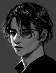 Rule 34 | 1boy, 23i2ko, black eyes, black hair, expressionless, grey background, greyscale, highres, looking at viewer, male focus, messy hair, monochrome, original, portrait, short hair, simple background, solo