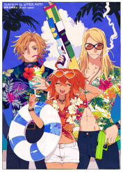 1girl 2boys ;) ^_^ abs arm_behind_head artist_name asymmetrical_dual_wielding belt black-framed_eyewear black_belt black_nails black_pants black_shirt blonde_hair blue_sky border brown_hair cherry chromatic_aberration cigarette closed_eyes cloud cloudy_sky cocktail_umbrella command_spell cowboy_shot crazy_straw cup daybit_sem_void drink drinking drinking_glass drinking_straw drinking_straw_in_mouth dual_wielding eyewear_on_head fate/grand_order fate_(series) finger_on_trigger floral_print flower food frown fruit fujimaru_ritsuka_(female) fujimaru_ritsuka_(female)_(tropical_summer) hair_ornament hair_scrunchie hand_up hawaiian_shirt head_tilt heart heart-shaped_eyewear hibiscus hibiscus_print highres holding holding_swim_ring holding_water_gun hurricane_glass innertube jewelry layered_sleeves leaf_print long_hair long_sleeves looking_at_viewer medium_hair meiji_ken midriff multiple_boys nail_polish navel necklace nervous_smile one_eye_closed one_side_up open_mouth orange-tinted_eyewear orange_hair orange_scrunchie outdoors outside_border palm_tree pants partially_unbuttoned print_shirt purple_eyes red_flower scrunchie shirt short_hair short_over_long_sleeves short_sleeves shorts sky smile smoke smoking sunglasses sweat swim_ring tan tezcatlipoca_(fate) tied_shirt tinted_eyewear toned toned_male tree tropical_drink twitter_username undershirt watch water_gun white-framed_eyewear white_belt white_border white_shirt white_shorts wristwatch