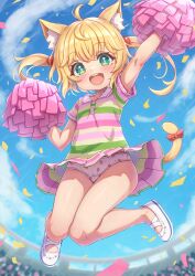 1girl :d absurdres ahoge animal_ear_fluff animal_ears bare_legs blonde_hair bow cat_ears cat_girl cat_tail collared_dress commentary_request commission dress food_print fruit_print full_body green_dress green_eyes hair_bobbles hair_ornament highres holding holding_pom_poms loli long_hair multicolored_dress open_mouth original panties pantyshot pink_dress pixiv_commission pom_pom_(cheerleading) pom_poms print_panties red_bow shoes short_sleeves smile solo strawberry_panties strawberry_print striped_clothes striped_dress tail tail_bow tail_ornament teeth twintails underwear upper_teeth_only upskirt variant_set white_panties white_shoes yellow_dress zusshii_(libertasgenesis)