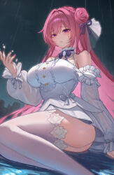 Rule 34 | 1girl, absurdres, breasts, commentary, detached sleeves, dorothy (nikke), dress, goddess of victory: nikke, hair bun, highres, kiyoi (gyhw8444), large breasts, long hair, night, night sky, outdoors, parted lips, pink hair, pink nails, purple eyes, rain, single side bun, single tear, sky, solo, thighhighs, thighs, very long hair, white dress, white thighhighs