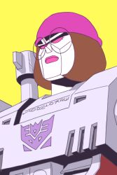 brown_hair cosplay crossover decepticon family_guy frown glasses looking_up makoto_ono mecha meg_griffin meg_griffin_(cosplay) megatron no_humans portrait purple_background purple_eyes robot round_eyewear short_hair solo transformers transformers:_generation_1 yellow_background