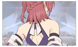 1girl 1koma asta_(honkai:_star_rail) back bare_shoulders braid comic commentary detached_sleeves english_commentary honkai:_star_rail honkai_(series) indoors maiqo pink_hair segmented_comic short_hair side_ponytail solo space_station twitter_username upper_body