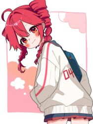 1girl ahoge alternate_hairstyle blush braid closed_mouth cowboy_shot drill_hair hand_in_pocket haru_maron highres jacket kasane_teto long_hair looking_at_viewer miniskirt red_eyes red_hair skirt smile solo standing twin_braids twin_drills utau white_jacket