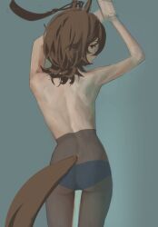 1girl agnes_tachyon_(umamusume) ahoge animal_ears arms_up ass back bare_back bare_shoulders black_panties black_pantyhose brown_hair from_behind grey_background highres horse_ears horse_girl horse_tail huge_ahoge looking_at_viewer looking_back medium_hair o_ko_ge2024 panties pantyhose red_eyes short_hair simple_background solo standing tail topless_female umamusume underwear