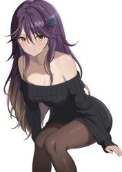 1girl absurdres alternate_costume black_dress black_pantyhose blush breasts brown_hair closed_mouth collarbone commentary dress english_commentary feather_hair_ornament feathers gradient_hair hair_between_eyes hair_ornament highres indie_virtual_youtuber long_hair long_sleeves lua_asuka makise_(mix020511) multicolored_hair off-shoulder_dress off_shoulder pantyhose purple_hair second-party_source sidelocks simple_background sleeves_past_wrists smile solo streaked_hair virtual_youtuber white_background yellow_eyes