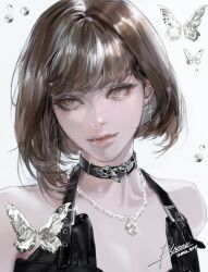 1girl brown_hair earrings jewelry light_smile lips necklace nose original short_hair solo vlfdus_0 yellow_eyes