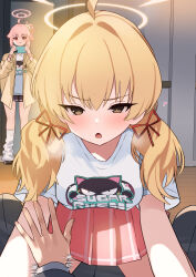 1boy 2girls ahoge blonde_hair blue_archive blush brown_eyes cellphone girl_on_top hair_ribbon half-closed_eyes halo heart highres holding holding_phone indoors jacket logo_print loli long_hair long_sleeves looking_at_viewer low_twintails mi_taro333 multiple_girls natsu_(band)_(blue_archive) natsu_(blue_archive) open_mouth phone pink_hair pink_halo pink_skirt pleated_skirt pov pov_hands print_shirt ribbon shirt short_sleeves skirt socks twintails white_shirt white_socks yellow_eyes yellow_halo yoshimi_(band)_(blue_archive) yoshimi_(blue_archive)