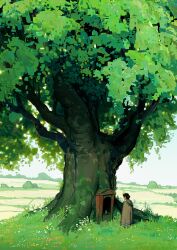1girl absurdres alariko black_hair brown_coat coat day flower grass hair_bun highres hill hood hooded_coat moss original plant rural scenery shrine single_hair_bun tree white_flower