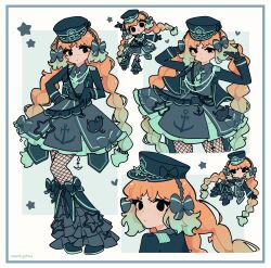 1girl absurdres aqua_hair aqua_necktie arm_up black_bow black_eyes black_gloves black_hairband black_jacket black_shirt black_skirt bow braid chibi collared_shirt fishnet_pantyhose fishnets gloves gradient_hair hair_bow hairband highres ishmael_(project_moon) jacket limbus_company long_hair long_sleeves low_twin_braids military_lolita minty_chu multicolored_hair multiple_views necktie open_mouth orange_hair pantyhose project_moon shirt simple_background skirt twin_braids very_long_hair white_background