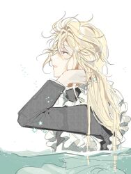 1boy apron ayukawa_ryuuji blonde_hair blue_period crossdressing frilled_apron frills from_side highres long_hair long_sleeves n98srdl partially_submerged red_eyes school_uniform simple_background wet wet_hair