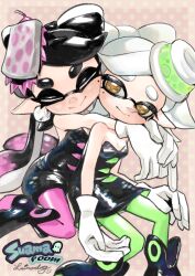 2girls ankle_boots black_boots black_dress black_hair black_jumpsuit boots bow-shaped_hair breasts callie_(splatoon) closed_eyes closed_mouth collar commentary_request cross-shaped_pupils detached_collar dress earrings gloves green_pantyhose hug hug_from_behind inkling jewelry jumpsuit long_hair marie_(splatoon) medium_hair mole mole_under_eye multicolored_hair multiple_girls nintendo pantyhose pink_hair pink_pantyhose pointy_ears raikado short_jumpsuit small_breasts smile splatoon_(series) strapless strapless_dress swept_bangs symbol-shaped_pupils tentacle_hair thick_eyebrows white_collar white_gloves white_hair yellow_eyes