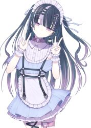 1girl apron black_hair blue_dress blunt_bangs collar commission double_v dress ear_piercing earrings highres indie_virtual_youtuber jewelry kitasenju_chihiro long_hair multicolored_hair piercing pink_eyes riuichi skeb_commission solo streaked_hair two_side_up v virtual_youtuber waist_apron white_apron wrist_cuffs