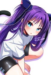 Rule 34 | 1girl, aqua eyes, arm support, artist name, bike shorts, black shorts, blue ribbon, blush, cat tail, commentary request, drop shadow, eyes visible through hair, feet out of frame, frown, gym uniform, hair ribbon, kemonomimi mode, lace, lace-trimmed ribbon, lace trim, leaning forward, little busters!, long hair, looking at viewer, micchi (koto maple), open mouth, purple hair, ribbon, sasasegawa sasami, shirt, short sleeves, shorts, sidelocks, simple background, sitting, skindentation, solo, straight hair, tail, tail raised, tsurime, twitter username, two side up, very long hair, white background, white shirt