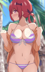 Rule 34 | 1girl, absurdres, bikini, blush, breasts, cleavage, gabriel dropout, halterneck, highres, large breasts, long hair, looking at viewer, medium breasts, poa mellhen, purple eyes, red hair, satanichia kurumizawa mcdowell, side-tie bikini bottom, solo, string bikini, striped bikini, striped clothes, sweatdrop, swimsuit