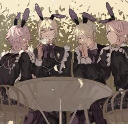 22kolink 4boys animal_ears blonde_hair bow chair closed_eyes cup ensemble_stars! fake_animal_ears hair_between_eyes himemiya_tori holding holding_cup maid male_focus multiple_boys oukawa_kohaku pink_hair rabbit_ears shiratori_aira_(ensemble_stars!) short_hair sitting table teacup tenshouin_eichi