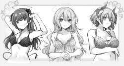 3girls absurdres amesaki_vanilla arknights arm_under_breasts armpits arms_up bare_shoulders blush bra breasts cleavage closed_mouth collarbone commentary cropped_torso demon_tail detached_wings embarrassed energy_wings feather_hair_ornament feathers fiammetta_(arknights) frown greyscale hair_ornament halo highres horns large_breasts lemuen_(arknights) lingerie long_hair looking_at_viewer medium_breasts monochrome mostima_(arknights) multiple_girls navel negligee own_hands_together short_hair smile symbol-only_commentary tail underwear underwear_only upper_body v-shaped_eyebrows very_long_hair wavy_hair wings
