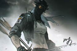 arknights arrow_(projectile) goggles grey_hair highres horns long_hair loudvoice_(arknights) masked pointy_ears qiumoyixing walkie-talkie