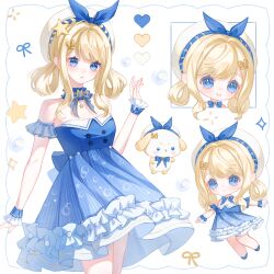1girl :o absurdres animal baby_animal bare_legs bare_shoulders beads beret blonde_hair blue_bow blue_bowtie blue_brooch blue_choker blue_dress blue_eyes blue_shoes blue_sleeves blue_wrist_cuffs bow bow_choker bowtie bubble bubble_print bubbly_voyage_(infinity_nikki) buttons chibi chinese_commentary choker clothed_animal collared_dress color_guide commentary_request cowboy_shot cropped_torso detached_sleeves dog dress expressionless eyelashes floating frilled_choker frilled_dress frilled_sleeves frilled_wrist_cuffs frills hair_ornament hair_rings hairclip hand_up happy hat hat_bow hat_ornament heart highres infinity_nikki light_blush looking_at_viewer loose_hair_strand meiwei_tiantian_hua_niang multiple_views nikki_(series) open_mouth outside_border outstretched_arms parted_lips pleated_dress puppy rabbit_hair_ornament see-through_clothes see-through_sleeves shoes short_dress short_hair_with_long_locks short_sleeves smile sparkle star_(symbol) star_choker star_hat_ornament strapless strapless_dress striped_clothes striped_dress swept_bangs teeth upper_teeth_only vertical-striped_clothes vertical-striped_dress white_background white_dog white_hat wrist_cuffs