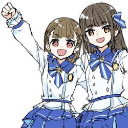 Rule 34 | 2girls, 365 days (love live!), animification, arm up, blue bow, blue necktie, blue skirt, blunt bangs, bow, braid, brown eyes, brown hair, buttons, center-flap bangs, clenched hand, commentary request, cowboy shot, double-breasted, frilled skirt, frills, hair bow, hayama fuka, kachimachi kosuzu, kanduki kamibukuro, layered skirt, link! like! love live!, long hair, long sleeves, looking at viewer, love live!, multiple girls, necktie, pink eyes, raised fist, real life, second-party source, shirt, side braids, sidelocks, simple background, skirt, straight hair, virtual youtuber, voice actor, voice actor connection, white background, white shirt