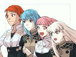 4girls ascot blue_hair buttons commentary_request fire_emblem fire_emblem:_three_houses garreg_mach_monastery_uniform height_difference highres hilda_valentine_goneril leonie_pinelli long_hair looking_at_another lysithea_von_ordelia marianne_von_edmund mkpj32 multiple_girls nintendo orange_eyes orange_hair pink_eyes short_hair smile twintails white_ascot white_hair