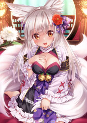 1girl animal_ears barefoot blush breasts brown_eyes cleavage commentary_request dress emil_chronicle_online extra_tails flower fox_ears fox_girl frilled_dress frills grey_hair hair_flower hair_ornament highres inou_shin large_breasts long_hair open_mouth sitting smile solo tamamo_roa
